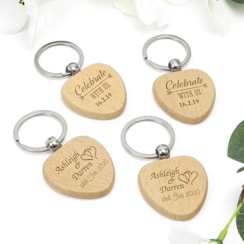 Engraved Timber Heart Keyring Personalised Wedding Favours Gifts with
